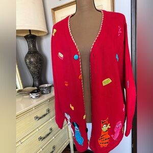 Vintage Quacker Factory Red Embroidered Animal Cardigan with Colorful Buttons